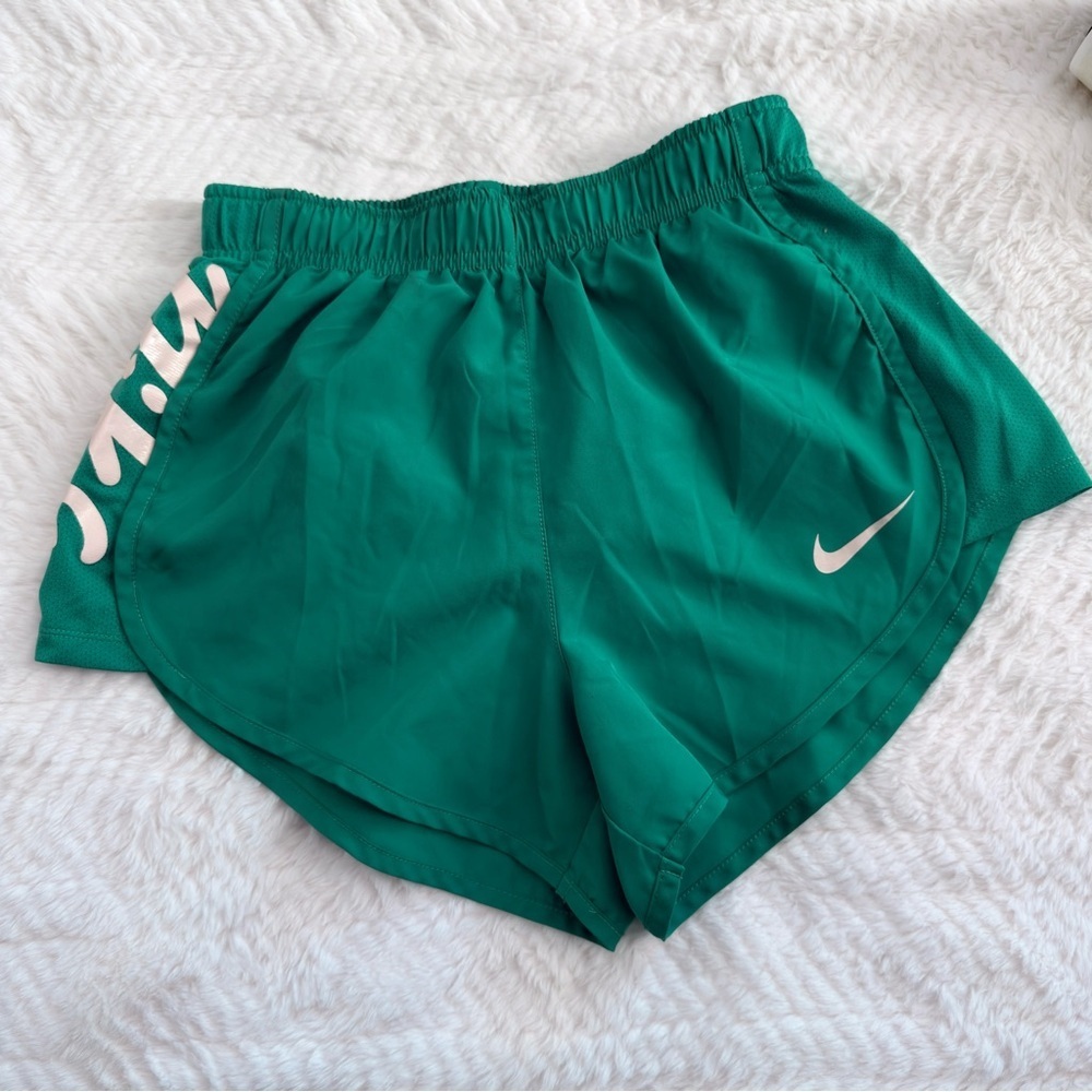 Nike Green Women's Athletic Shorts with White Swoosh